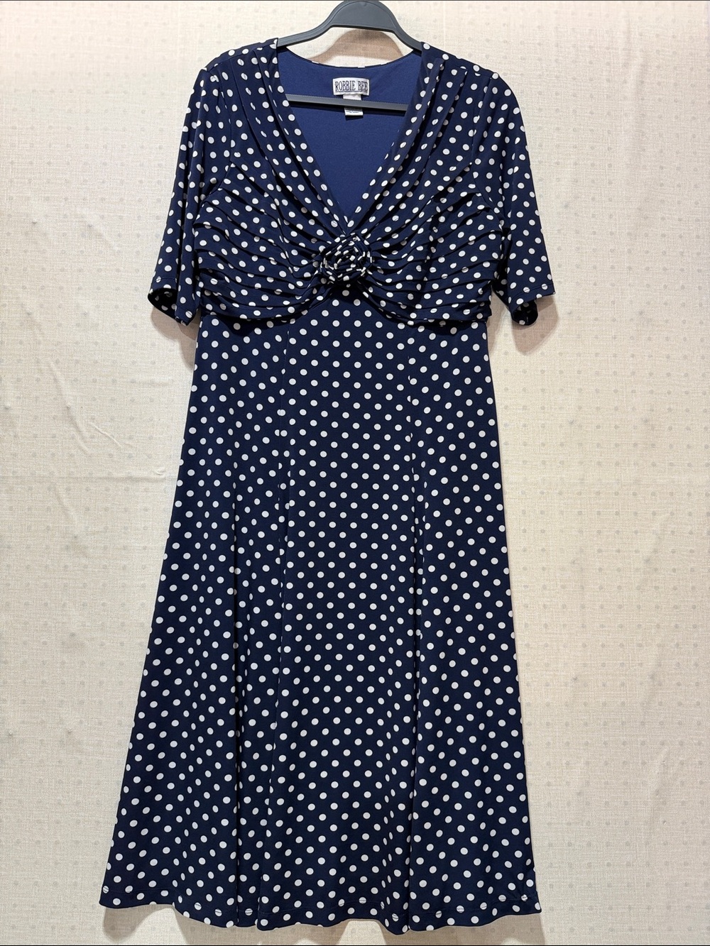 Robbie Bee Navy and White Polka Dot Twist-Front Midi Dress